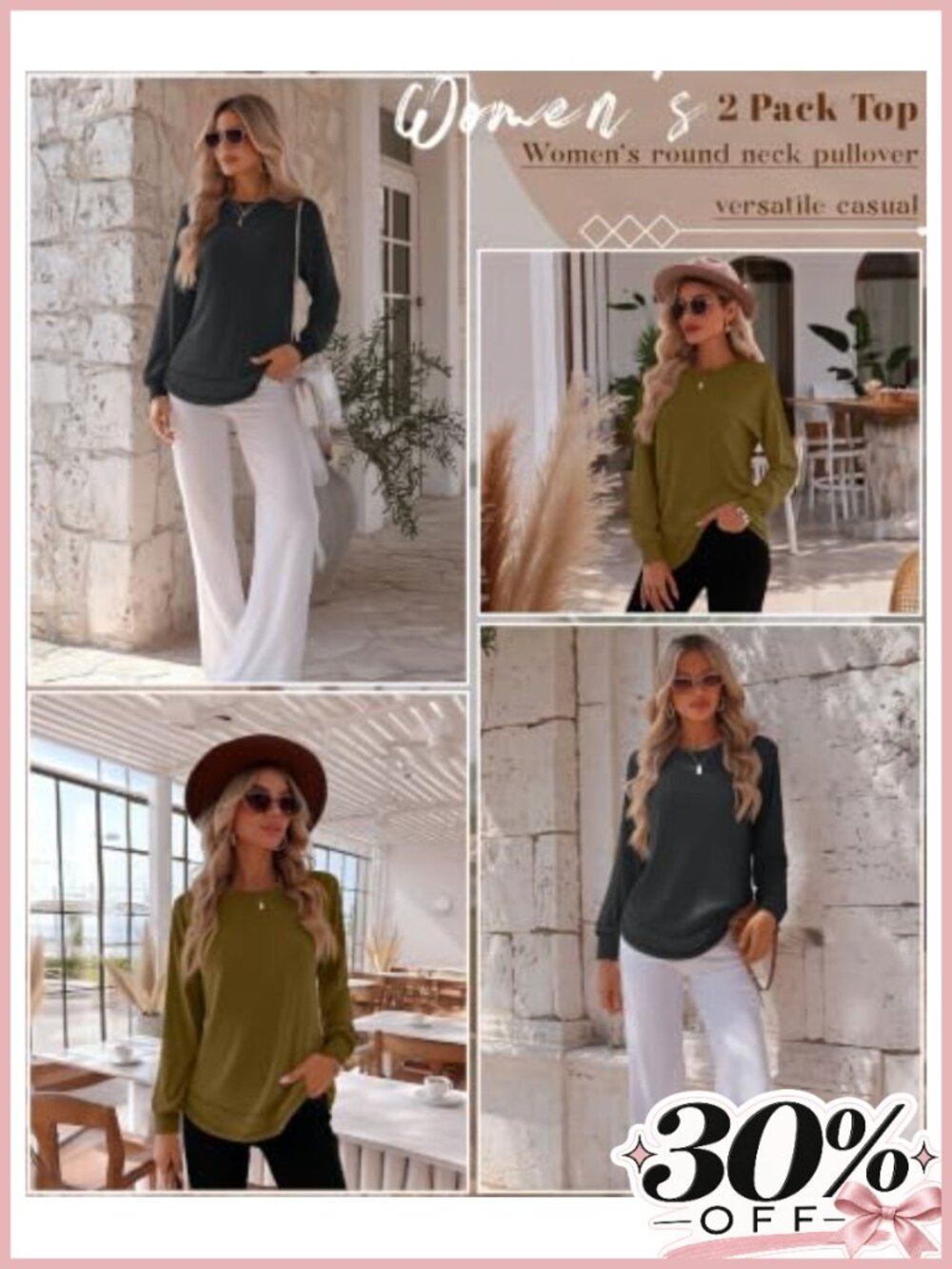 2 Pack Women's Crew Neck Long Sleeve Sweatshirts Cotton Spandex Pullover - Picture 2 of 4